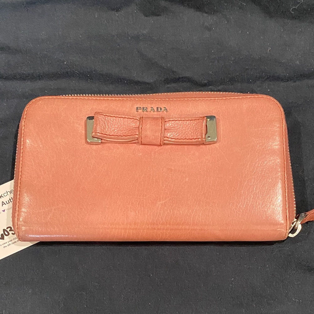 Prada Blush Leather Bow Zip Wallet